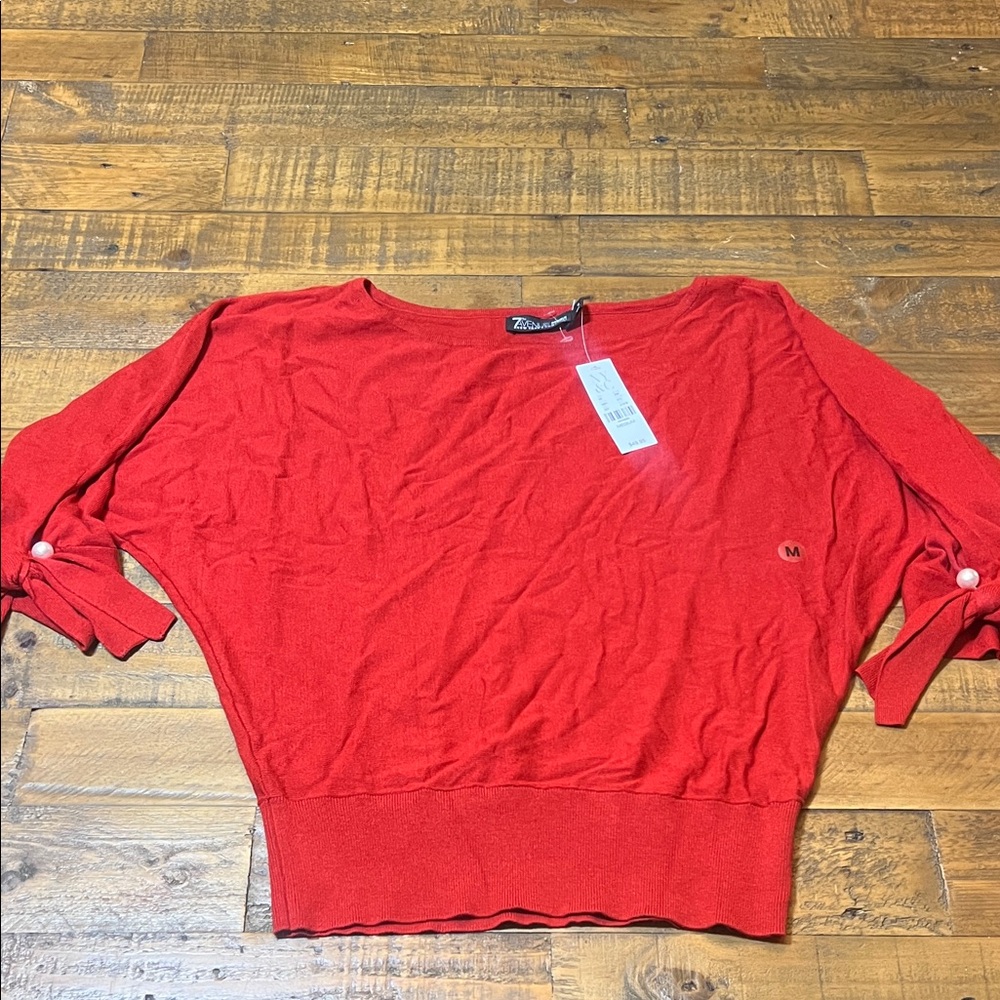 New York & Company Bold Red Blouse with Tie Sleeves